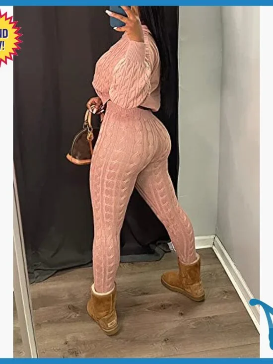 Cable Knit Sweater Set with Hooded Crop Top and High Waist Pants - Picture 3 of 6